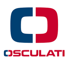 Logo with a stylized letter "O" split into blue and red halves, above the word "Osculati" in red letters, reminiscent of a boat mooring hook seamlessly blending nautical themes with modern design.