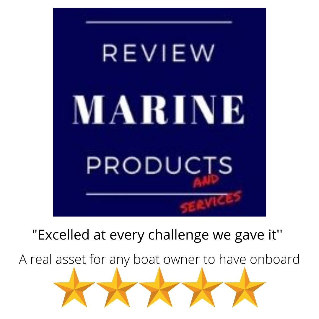 Marine products and services review. Quote: "Excelled at every challenge we gave it." Described as a real asset for boat owners, especially with its innovative boat mooring hook. Five gold stars displayed.