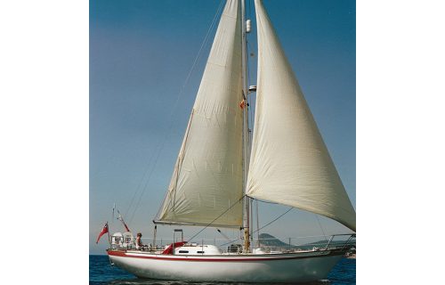A sailboat with two sails set, gliding on calm water under a clear blue sky, sports a white hull with red trim and a visible small red flag. Ready for any need, it carries a telescopic hook pole for seamless docking adventures.